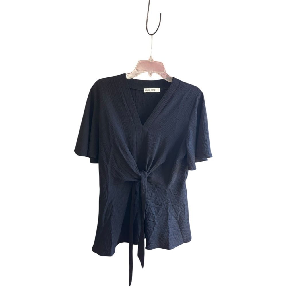 Grace Karin black crinkle poly viscose fabric with tie in the front Sz L